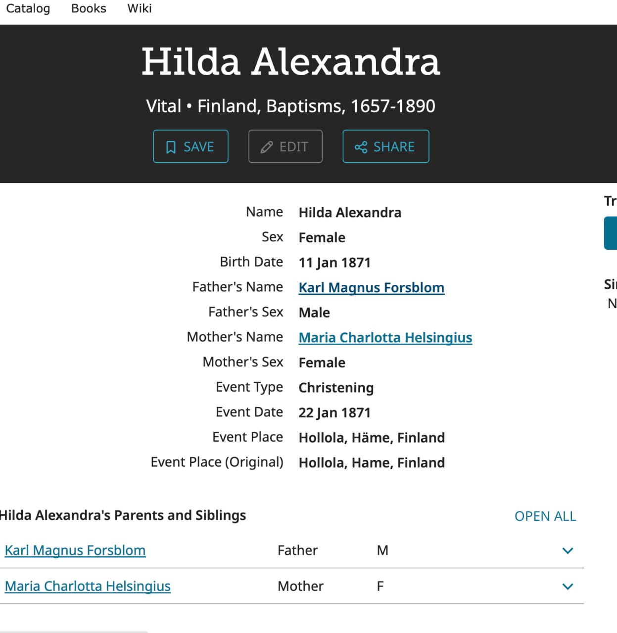 FamilySearch index entry for Hilda Alexandra, Finland Baptisms 1657-1890